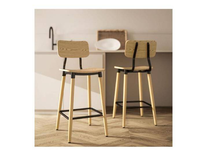 Barhocker 2er-Set, mit Rückenlehne und Fußstütze, Stahlbeine, für Küche, Wohnzimmer, Natur von Kauf-Unique Marketplace