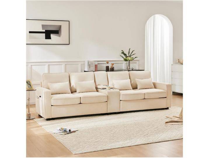 Beiges 4-Sitzer-Sofa aus Leinen mit USB-Anschlüssen, Konsolentisch und Getränkehaltern – Mit Kissen, für Wohnzimmer oder Büro von Kauf-Unique Marketplace