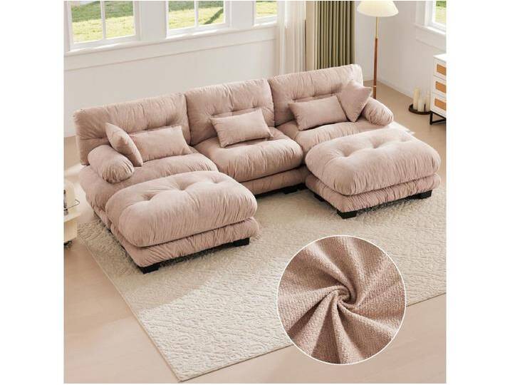 Bequemes 5-Sitzer Modulsofa - 300 x 143 x 80 cm - mit 5 Kissen - Samt - Khaki von Kauf-Unique Marketplace