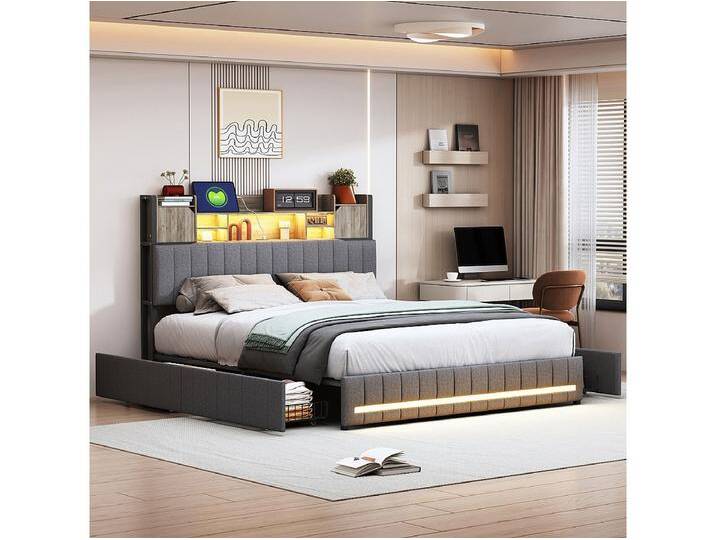 Bett 140 x 190 cm mit LED- und USB-Kopfteil, 4 Schubladen, Lattenrost, Leinen, grau von Kauf-Unique Marketplace