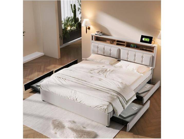 Bett 140 x 200 cm - beiges Leinen- Erwachsenenbett mit USB-Ladeanschluss - 4 Schubladen - ohne Matratze von Kauf-Unique Marketplace