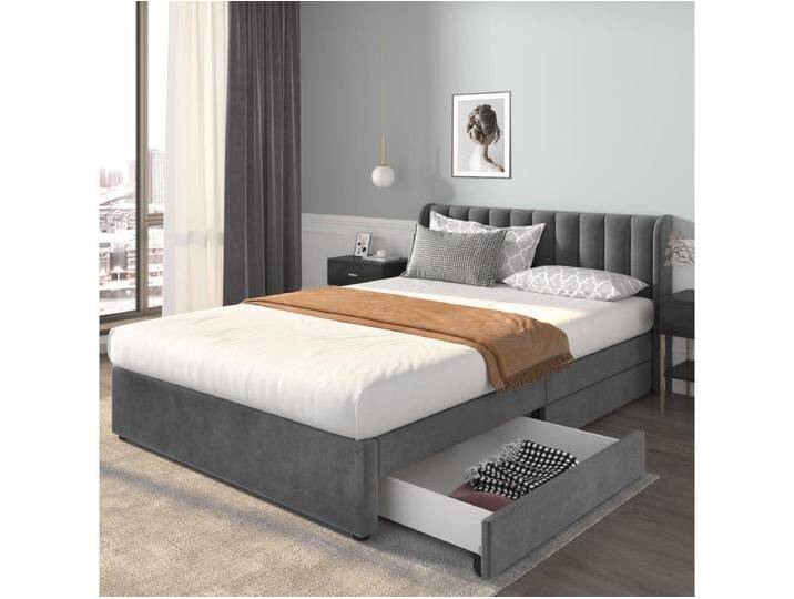 Bett 140 x 200 cm – grauer Samt – Erwachsenenbett mit Lattenrost und 2 Schubladen – ohne Matratze von Kauf-Unique Marketplace