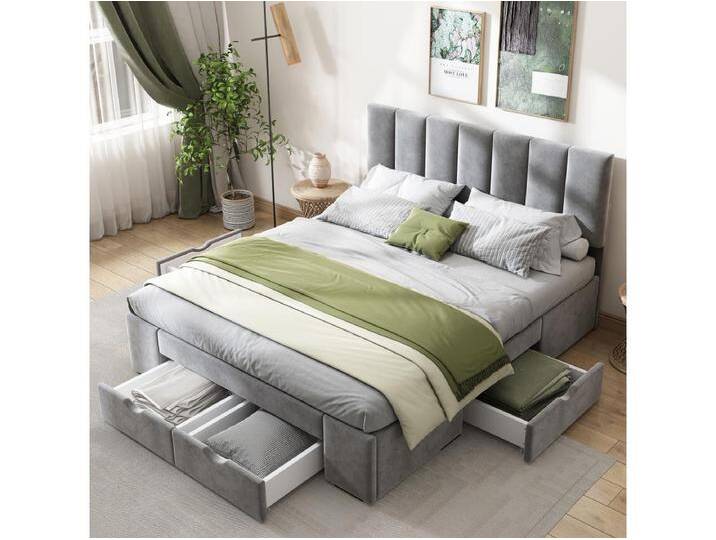 Bett 140 x 200 cm – grauer Samt – Polsterbett mit 4 Schubladen und verstellbarem Kopfteil – ohne Matratze Bett 140 x 200 cm – grauer Samt – Polsterbett mit 4 Schubladen und verstellbarem Kopfteil – ohne Matratze von Kauf-Unique Marketplace