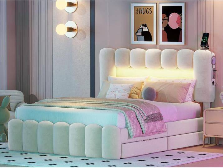Bett 140 x 200 cm mit 4 Schubladen – LEDs und USB – Samt – Beige von Kauf-Unique Marketplace