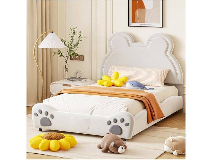 Bett 140 x 200 cm – weißer Samt – Kinderbett mit Bärenkopfteil und Lattenrost – ohne Matratze von Kauf-Unique Marketplace