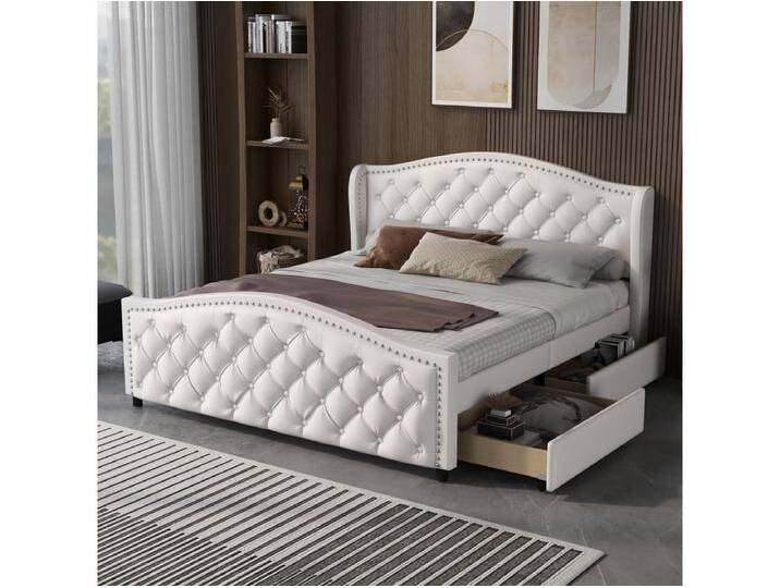 Bett 140 x 200 cm – weißes PU – mit 2 Schubladen und genietetem Kopfteil – ohne Matratze Bett 140 x 200 cm – weißes PU – mit 2 Schubladen und genietetem Kopfteil – ohne Matratze von Kauf-Unique Marketplace