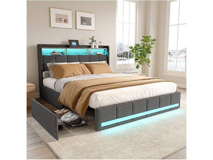 Bett 140x190 cm mit LED-Beleuchtung und USB, 4 Schubladen und Stauraum am Kopfteil, Leinen, Grau von Kauf-Unique Marketplace