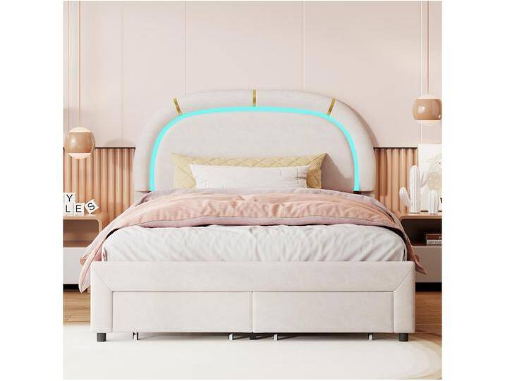 Bett 140x200 cm, Polsterbett mit LED, mit 2 Schubladen, Kopfteil und Lattenrost, Beige von Kauf-Unique Marketplace