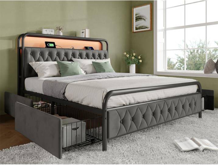 Bett 140x200cm mit Schubladen + LED + Ladestationen - gepolstert in Samt - mit Metall-Lattenrost - Grau Bett 140x200cm mit Schubladen + LED + Ladestationen - gepolstert in Samt - mit Metall-Lattenrost - Grau von Kauf-Unique Marketplace
