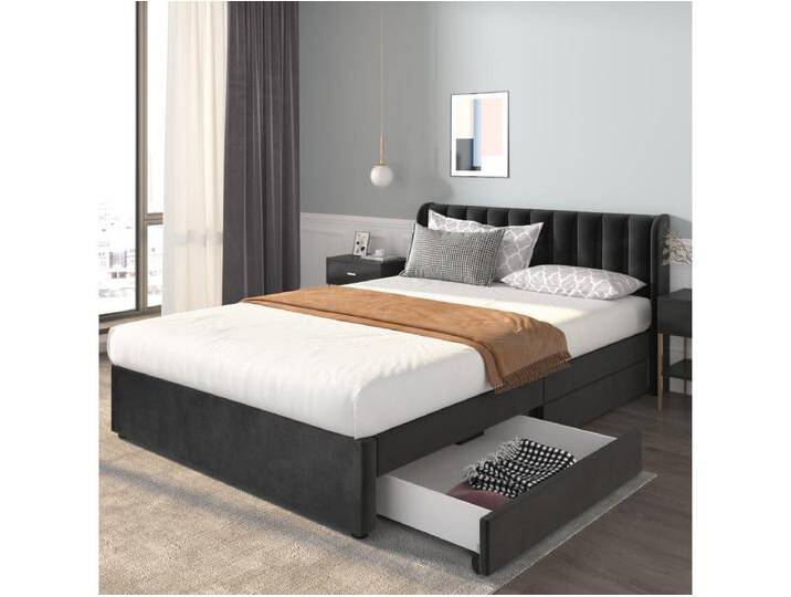 Bett 160 x 200 cm – schwarzer Samt – Polsterbett mit 2 Schubladen und Lattenrost – ohne Matratze Bett 160 x 200 cm – schwarzer Samt – Polsterbett mit 2 Schubladen und Lattenrost – ohne Matratze von Kauf-Unique Marketplace