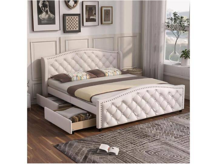 Bett 160 x 200 cm – weißes PU – mit 2 Schubladen und genietetem Kopfteil – ohne Matratze Bett 160 x 200 cm – weißes PU – mit 2 Schubladen und genietetem Kopfteil – ohne Matratze von Kauf-Unique Marketplace