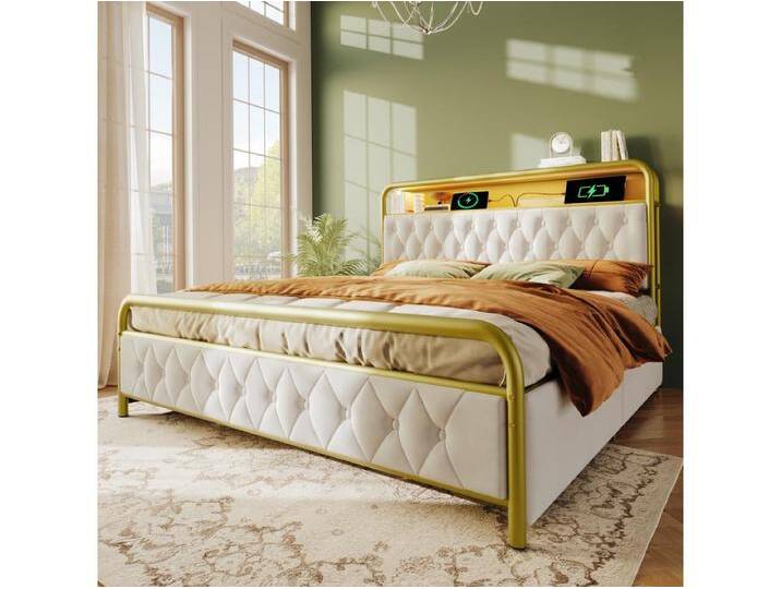 Bett 160x200cm Beige mit Schubladen, LED, Ladeanschlüssen und Integriertem Ladegerät in Gepolstertem Samt Bett 160x200cm Beige mit Schubladen, LED, Ladeanschlüssen und Integriertem Ladegerät in Gepolstertem Samt von Kauf-Unique Marketplace