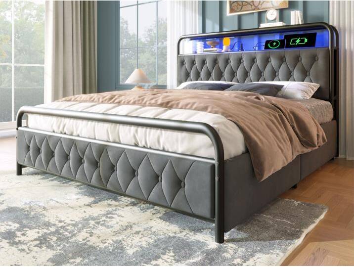 Bett 160x200cm mit Schubladen + LED + Ladestationen - gepolstert in Samt - mit Metall-Lattenrost - Grau von Kauf-Unique Marketplace