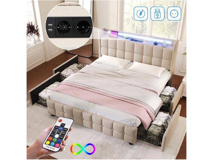 Bett 180 x 200 cm – beiges Leinen – Doppelbett mit LED-Beleuchtung und USB-Ladefunktion – 4 Schubladen – ohne Matratze Bett 180 x 200 cm – beiges Leinen – Doppelbett mit LED-Beleuchtung und USB-Ladefunktion – 4 Schubladen – ohne Matratze von Kauf-Unique Marketplace