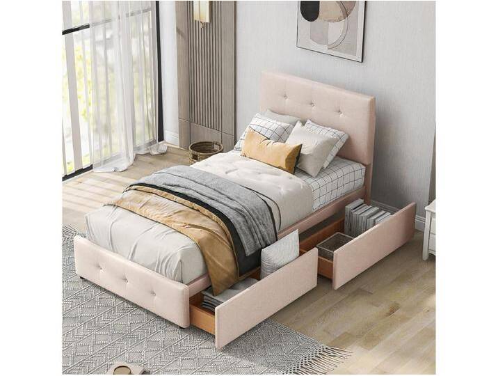 Bett 90 x 200 cm - Einzelbett mit 2 Schubladen und Lattenrost - Dunkelbeiger Samt - Ohne Matratze von Kauf-Unique Marketplace