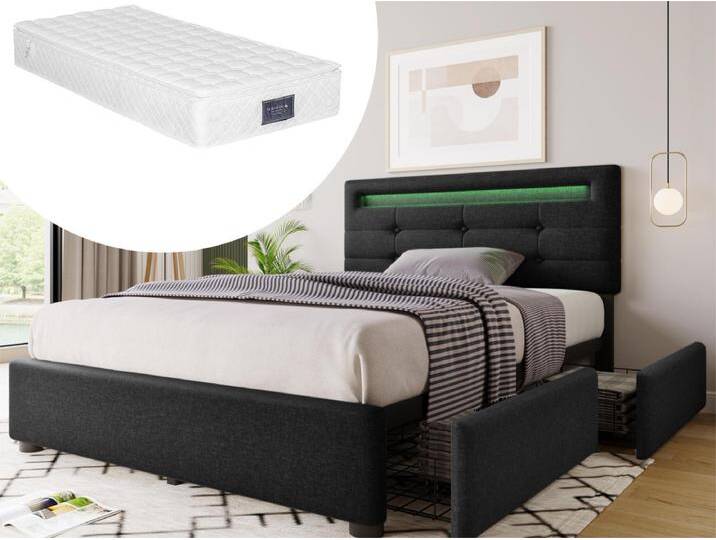 Bett 90 x 200 cm – Leinenstoff – LEDs – Schwarz + Matratze von Kauf-Unique Marketplace