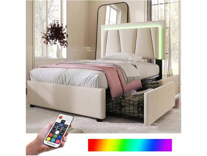 Bett 90 x 200 cm – beiges Leinen – Kinderbett mit verstellbarem Kopfteil und 2 Schubladen – LED-Beleuchtung – ohne Matratze Bett 90 x 200 cm – beiges Leinen – Kinderbett mit verstellbarem Kopfteil und 2 Schubladen – LED-Beleuchtung – ohne Matratze von Kauf-Unique Marketplace