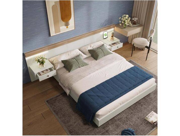 Bett für Erwachsene 140x200cm mit hängenden Nachttischen + LED- und USB-Anschlüssen + Lattenrost – Holz – Weiß von Kauf-Unique Marketplace