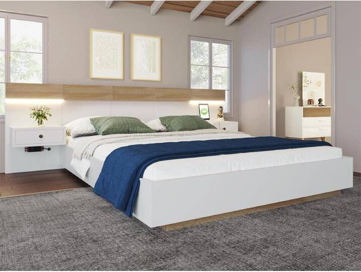 Bett für Erwachsene 140x200cm mit hängenden Nachttischen + LED- und USB-Anschlüssen + Lattenrost – Holz – Weiß von Kauf-Unique Marketplace