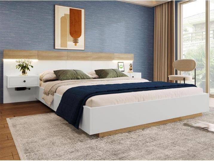 Bett für Erwachsene 160x200cm mit hängenden Nachttischen + LED- und USB-Anschlüssen + Lattenrost – Holz – Weiß von Kauf-Unique Marketplace