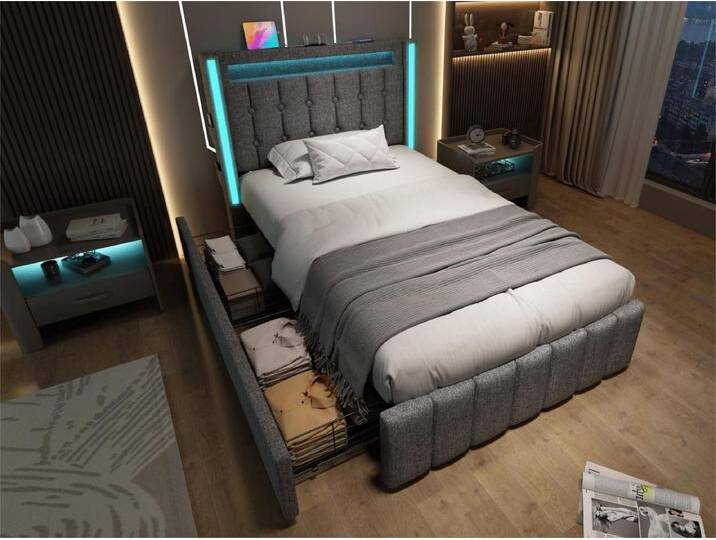 Bett mit 2 Schubladen 90x200cm gepolstert in Leinen - mit Ladefunktion und LED-Beleuchtung - Grau Bett mit 2 Schubladen 90x200cm gepolstert in Leinen - mit Ladefunktion und LED-Beleuchtung - Grau von Kauf-Unique Marketplace