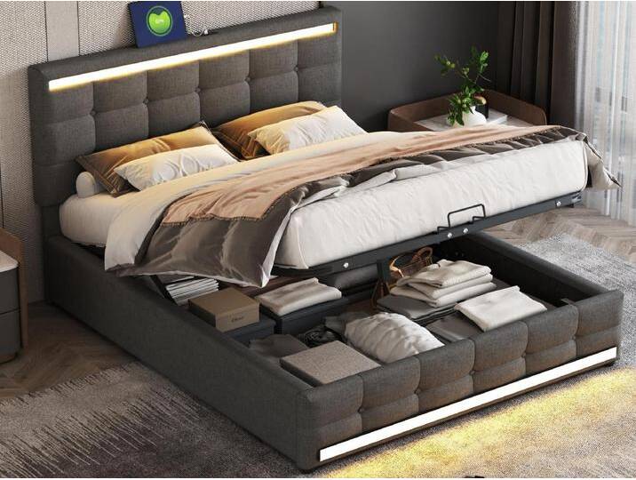 Bett mit Bettkasten mit LED + 2 USB-Anschlüssen + Lattenrost + verstellbarem Kopfteil – 140 x 200 cm – Leinen – Grau Bett mit Bettkasten mit LED + 2 USB-Anschlüssen + Lattenrost + verstellbarem Kopfteil – 140 x 200 cm – Leinen – Grau von Kauf-Unique Marketplace