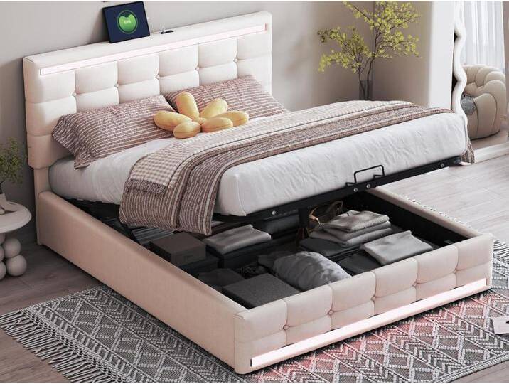 Bett mit Bettkasten mit LED + 2 USB-Anschlüssen + Lattenrost + verstellbares Kopfteil – 140 x 200 cm – Leinen – Beige von Kauf-Unique Marketplace