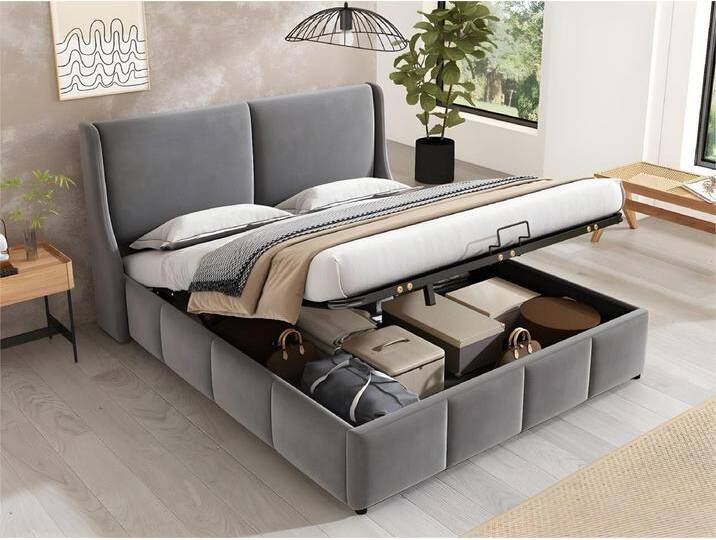Bett mit Bettkasten mit Lattenrost + Stauraum – 180 x 200 cm – grau von Kauf-Unique Marketplace