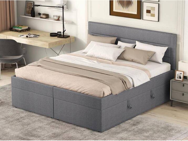Bett mit Bettkasten mit Lattenrost – 140 x 200 cm – Leinen – Grau von Kauf-Unique Marketplace