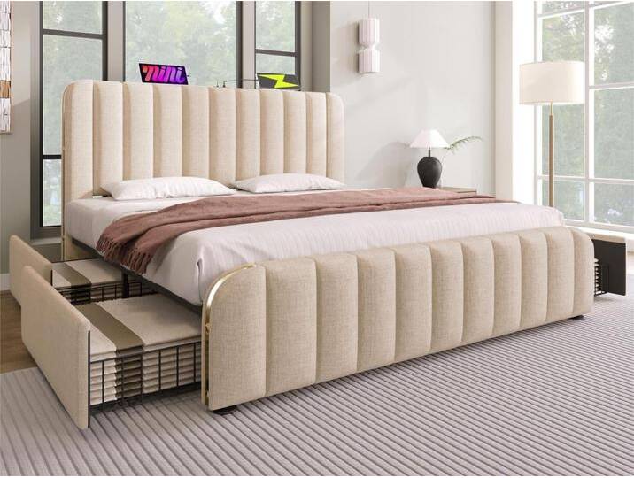 Bett mit Schubladen 180 x 200 cm aus Leinenstoff – mit USB- und Typ-C-Aufladung – verziert mit goldenen Streifen – Beige von Kauf-Unique Marketplace