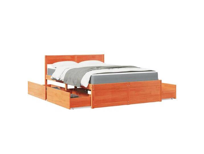 Bett mit Schubladen und Matratze Wachsbraun 140x190 Massivholz von Kauf-Unique Marketplace