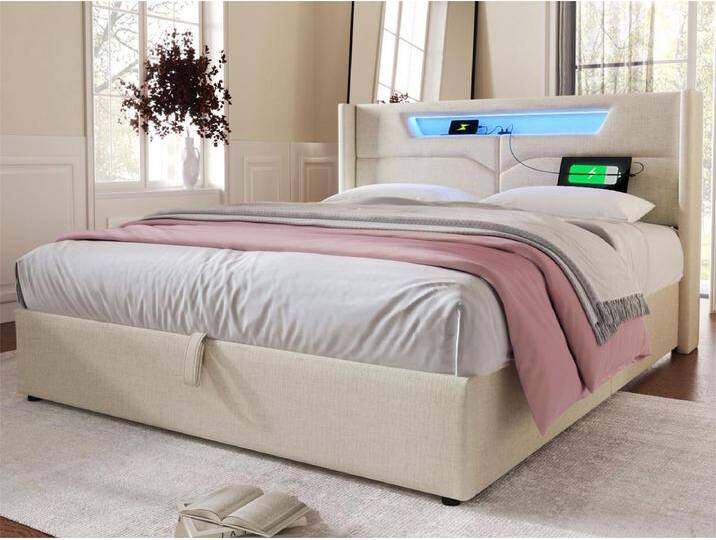 Bett mit Stauraum, 140 x 200 cm, gepolstert mit Leinenstoff – mit LED und Ladeanschlüssen – mit Lattenrost – Beige von Kauf-Unique Marketplace