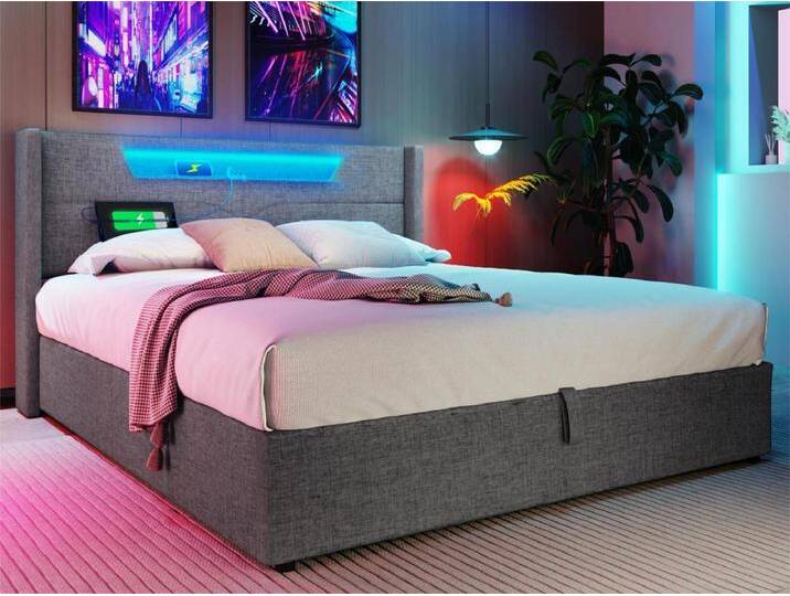 Bett mit Stauraum, 140 x 200 cm, gepolstert mit Leinenstoff – mit LED und Ladeanschlüssen – mit Lattenrost – Grau von Kauf-Unique Marketplace