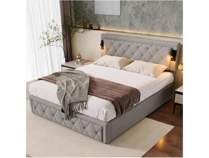 Bett mit Stauraum, Kopfteil 160 x 200 cm – LEDs und USB-Anschlüsse – Leinenstoff – Rautenstreifenmuster – Grau (ohne Matratze) von Kauf-Unique Marketplace