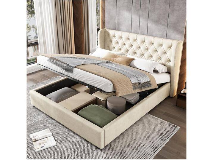 Bett mit Stauraum 140 x 200 cm – Beigefarbener Samt – Erwachsenenbett mit gepolstertem Kopfteil und Lattenrost – Ohne Matratze von Kauf-Unique Marketplace