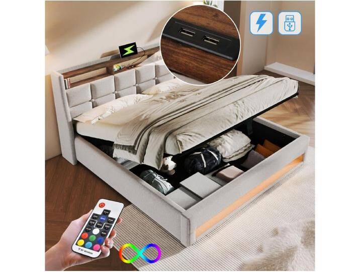 Bett mit Stauraum 140 x 200 cm – Beigefarbenes Leinen – Jugendbett mit USB-Anschluss und LED-Beleuchtung – Metallrahmen – Ohne Matratze Bett mit Stauraum 140 x 200 cm – Beigefarbenes Leinen – Jugendbett mit USB-Anschluss und LED-Beleuchtung – Metallrahmen – Ohne Matratze von Kauf-Unique Marketplace
