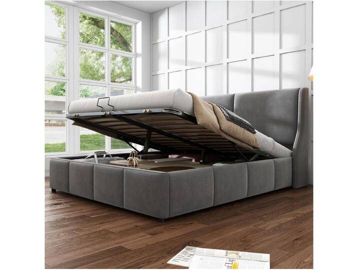 Bett mit Stauraum 140 x 200 cm – Grauer Samt – Erwachsenenbett mit gepolstertem Kopfteil und hydraulischem Lattenrost – ohne Matratze von Kauf-Unique Marketplace