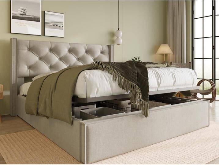 Bett mit Stauraum 140 x 200 cm – Leinen – Lattenrost – Hellgrau von Kauf-Unique Marketplace