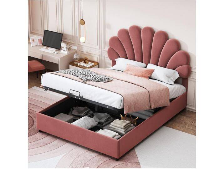 Bett mit Stauraum 140 x 200 cm – Rosa Samt – Erwachsenenbett mit verstellbarem Kopfteil und Lattenrost – ohne Matratze von Kauf-Unique Marketplace