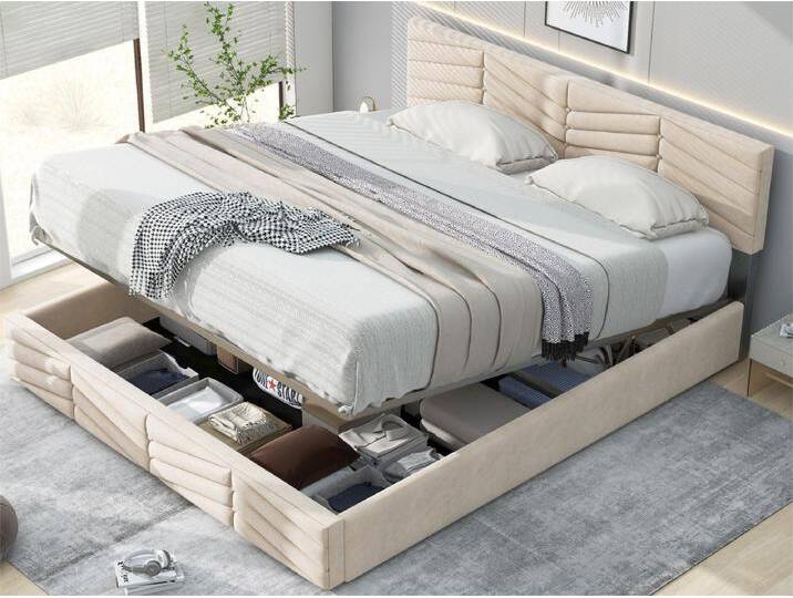 Bett mit Stauraum 140 x 200 cm – Samt – Lattenrost – verstellbares Kopfteil – moderner Stil – Beige von Kauf-Unique Marketplace