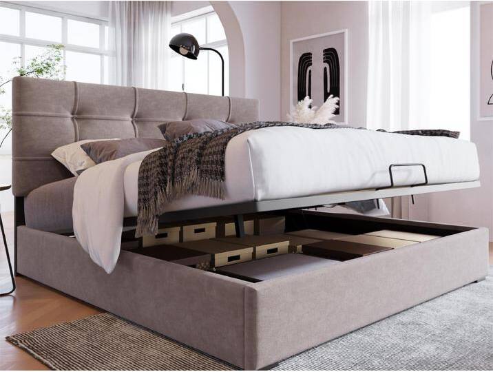 Bett mit Stauraum 140 x 200 cm – Samt – verstellbares Kopfteil – Lattenrost – Hellgrau von Kauf-Unique Marketplace