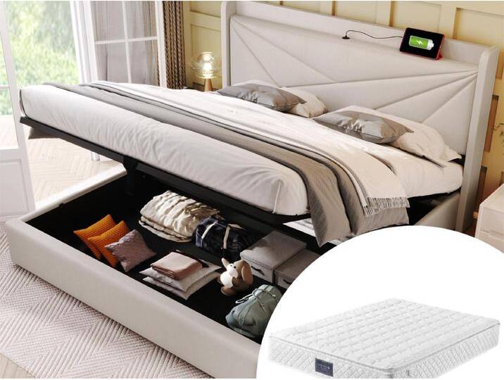 Bett mit Stauraum 140 x 200 cm – USB und Typ C – Leinenstoff – Lattenrost – Beige + Matratze von Kauf-Unique Marketplace