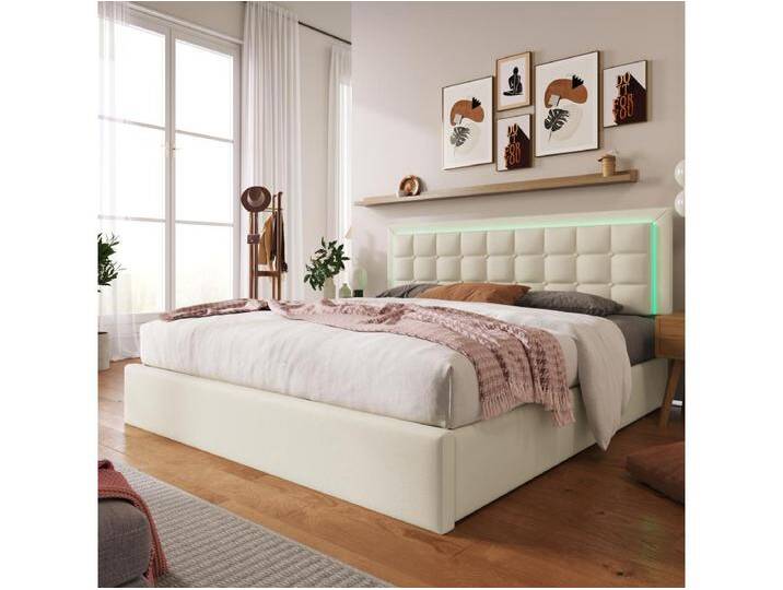 Bett mit Stauraum 140 x 200 cm – Weiß – Jugendbett mit verstellbarem Kopfteil und Lattenrost – LED-Beleuchtung von Kauf-Unique Marketplace