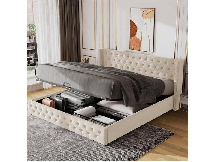 Bett mit Stauraum 140 x 200 cm – beigefarbener Samt – Bett mit Stauraum, gepolstertem Kopfteil und Lattenrost – ohne Matratze von Kauf-Unique Marketplace