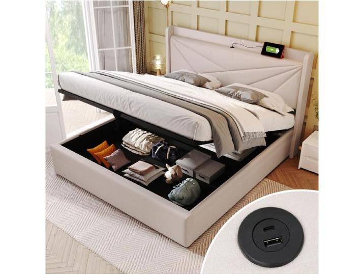 Bett mit Stauraum 140 x 200 cm – beigefarbenes Leinen – Erwachsenenbett mit USB-Ladeanschluss – Lattenrost – ohne Matratze von Kauf-Unique Marketplace