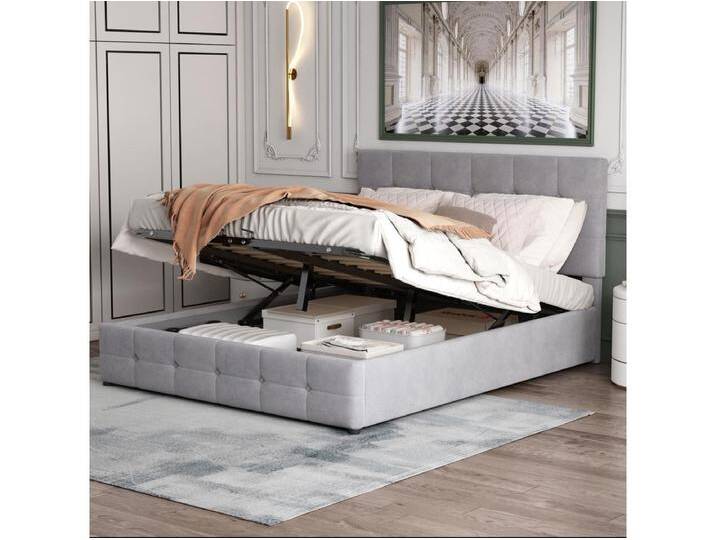 Bett mit Stauraum 140 x 200 cm – grauer Samt – Erwachsenenbett mit verstellbarem Kopfteil und Metalllattenrost – ohne Matratze von Kauf-Unique Marketplace