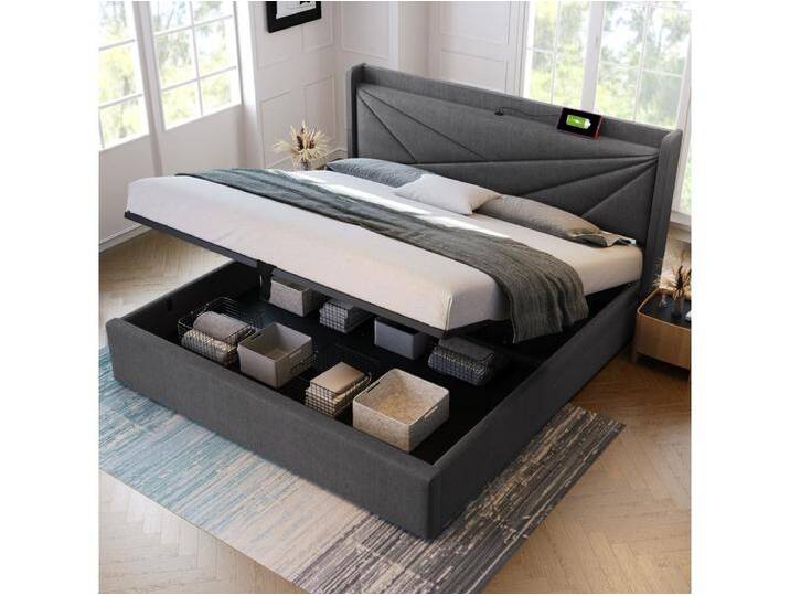 Bett mit Stauraum 140 x 200 cm – graues Leinen – Erwachsenenbett mit USB-Ladeanschluss – Lattenrost – ohne Matratze von Kauf-Unique Marketplace