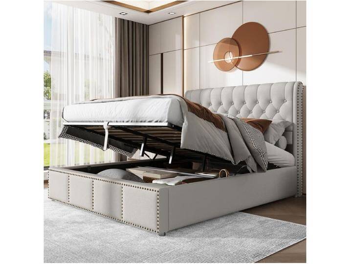 Bett mit Stauraum 140 x 200 cm – graues Leinen – Jugendbett mit gepolstertem Kopfteil und Lattenrost – ohne Matratze von Kauf-Unique Marketplace