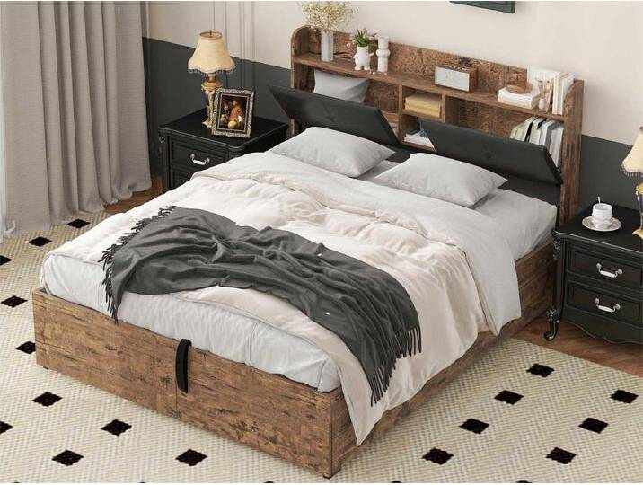 Bett mit Stauraum 140 x 200 cm – mit Stauraum-Kopfteil und Lattenrost aus Metall – Dunkelnatur und Schwarz von Kauf-Unique Marketplace