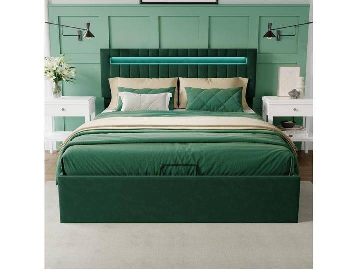 Bett mit Stauraum 140x200cm - Stauraum und LED-Beleuchtung - Lattenrost - Verstellbares Kopfteil - Grün von Kauf-Unique Marketplace